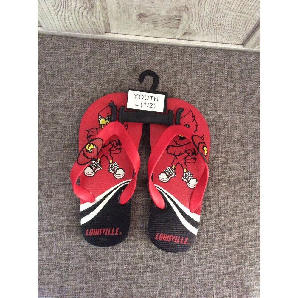 Louisville Cardinals NCAA Youth Flip Flops Red Black Sandals Size Large 1/2